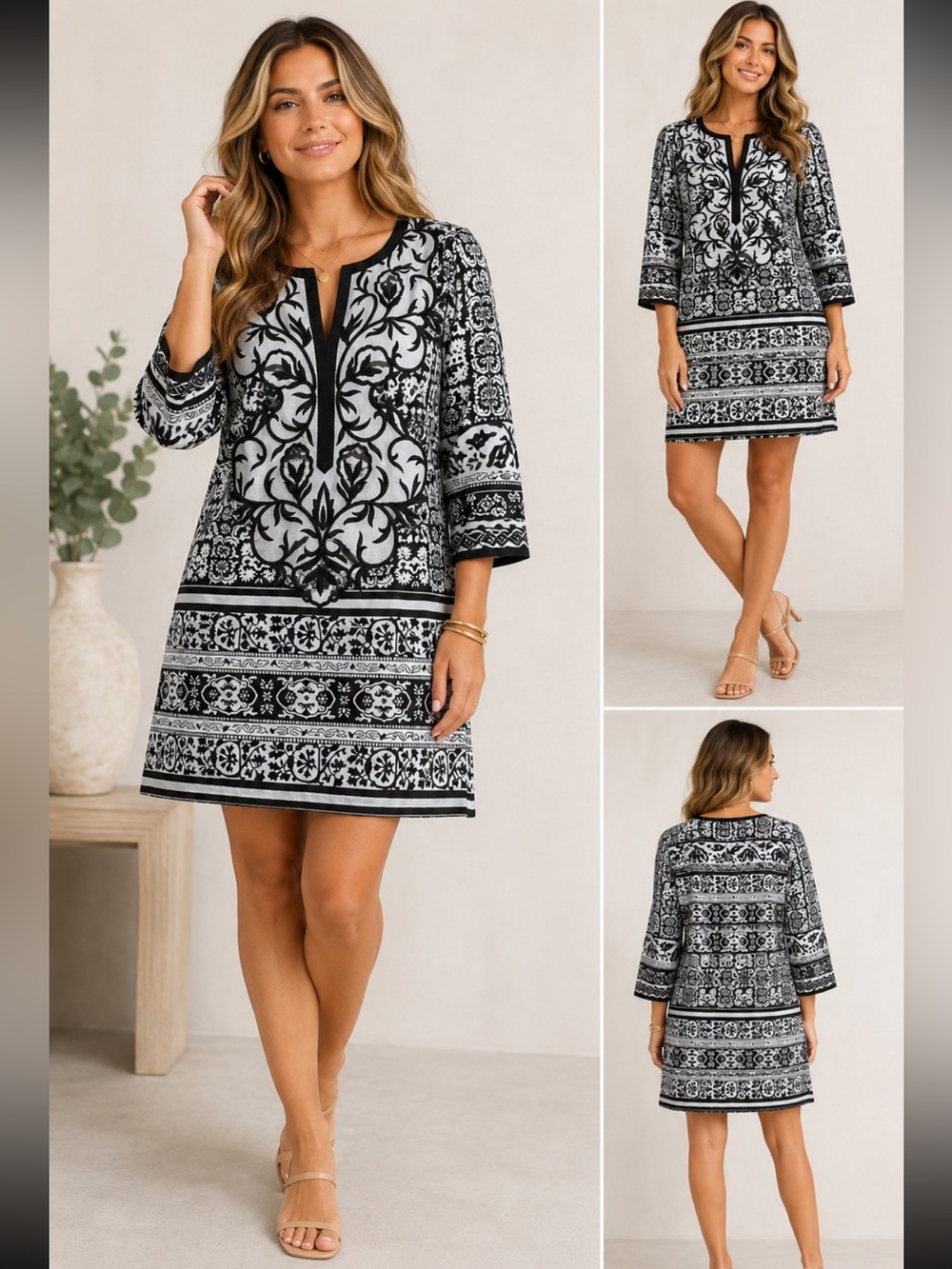 Gretchen Scott XS Black White Printed Embroidered Shift Dress Boho Tunic 3/4 Sle